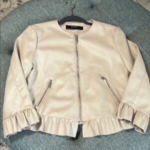 NWOT Zara Tan Faux suede Jacket with Ruffle Hem and Crew Neckline